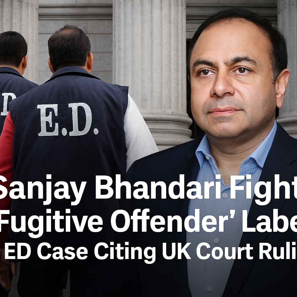 A digital composite photograph featuring arms dealer Sanjay Bhandari alongside symbolic elements of the UK and Indian legal systems, highlighting the ongoing extradition and fugitive offender case.