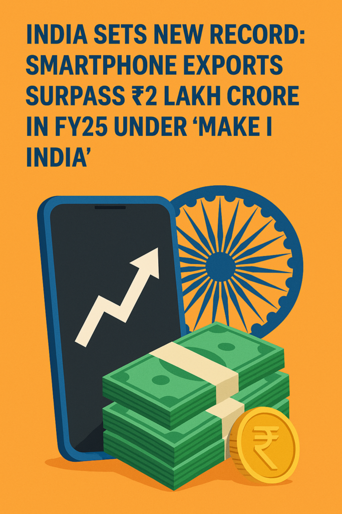 Digital infographic showing India’s record-breaking smartphone exports in FY 2024-25, surpassing ₹2 lakh crore, led by Apple and Samsung under the Make in India initiative.