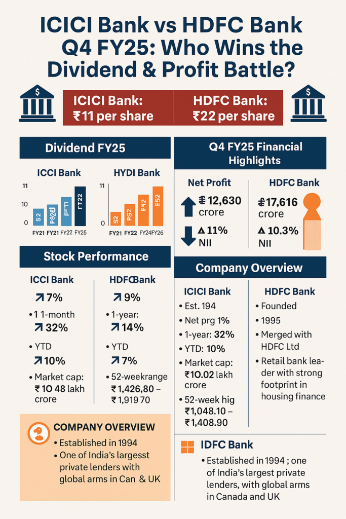 A digital infographic comparing ICICI Bank and HDFC Bank's Q4 FY25 financial performance and dividend payouts, highlighting net profit, net interest income, stock market performance, dividend history, and company profiles. The graphic includes logos of both banks, key statistics, and a visual side-by-side layout for easy comparison.