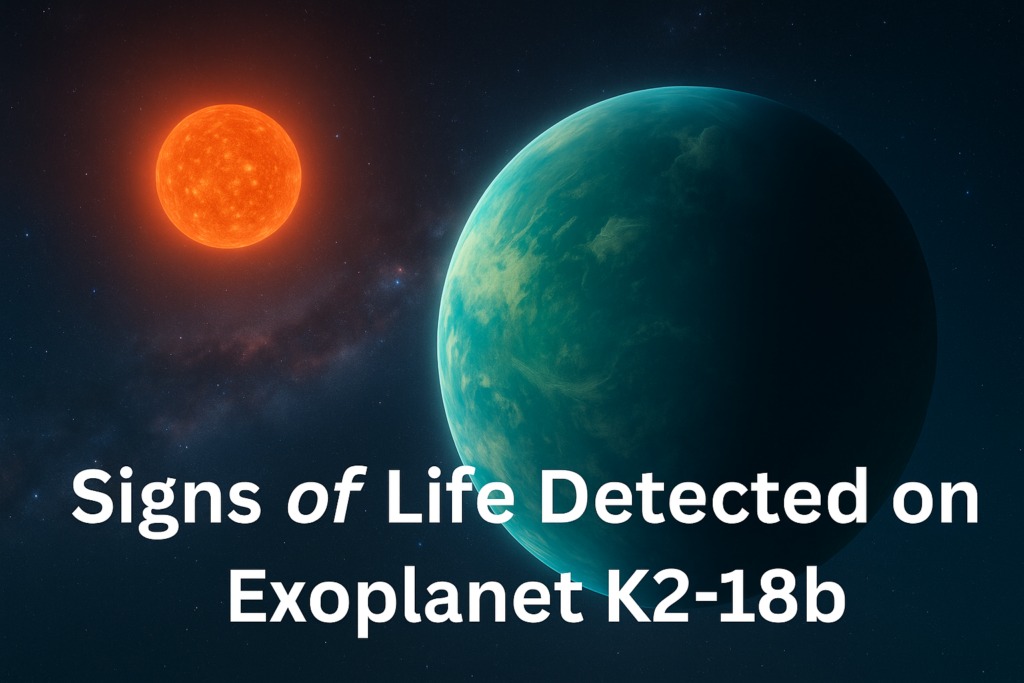 Digital illustration of exoplanet K2-18b orbiting a red dwarf star in the Leo constellation, based on discoveries from NASA’s James Webb Space Telescope, symbolizing the search for extraterrestrial life.