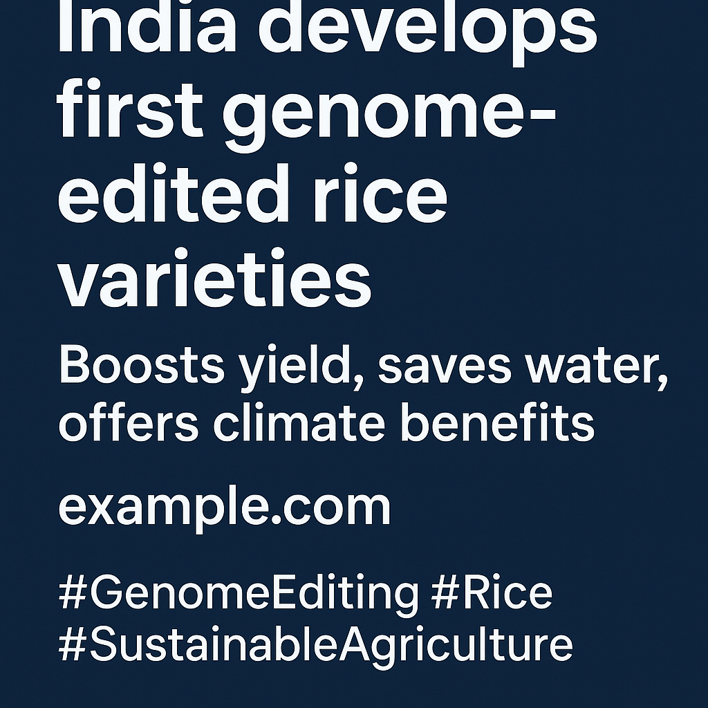 A textual graphic image announcing India's development of the world's first genome-edited rice varieties DRR Rice 100 (Kamala) and Pusa DST Rice 1, aimed at increasing yield, reducing water usage, and enhancing climate resilience.