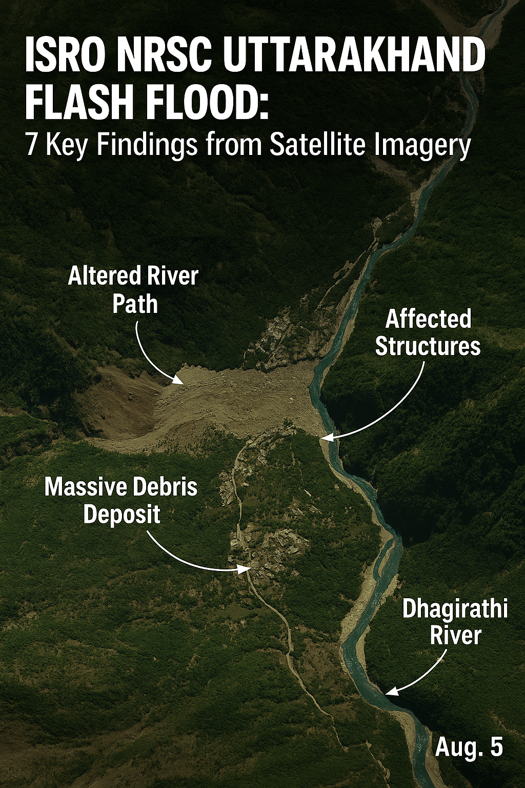 ISRO NRSC Uttarakhand Flash Flood satellite imagery showing altered river paths and debris spread in Dharali village