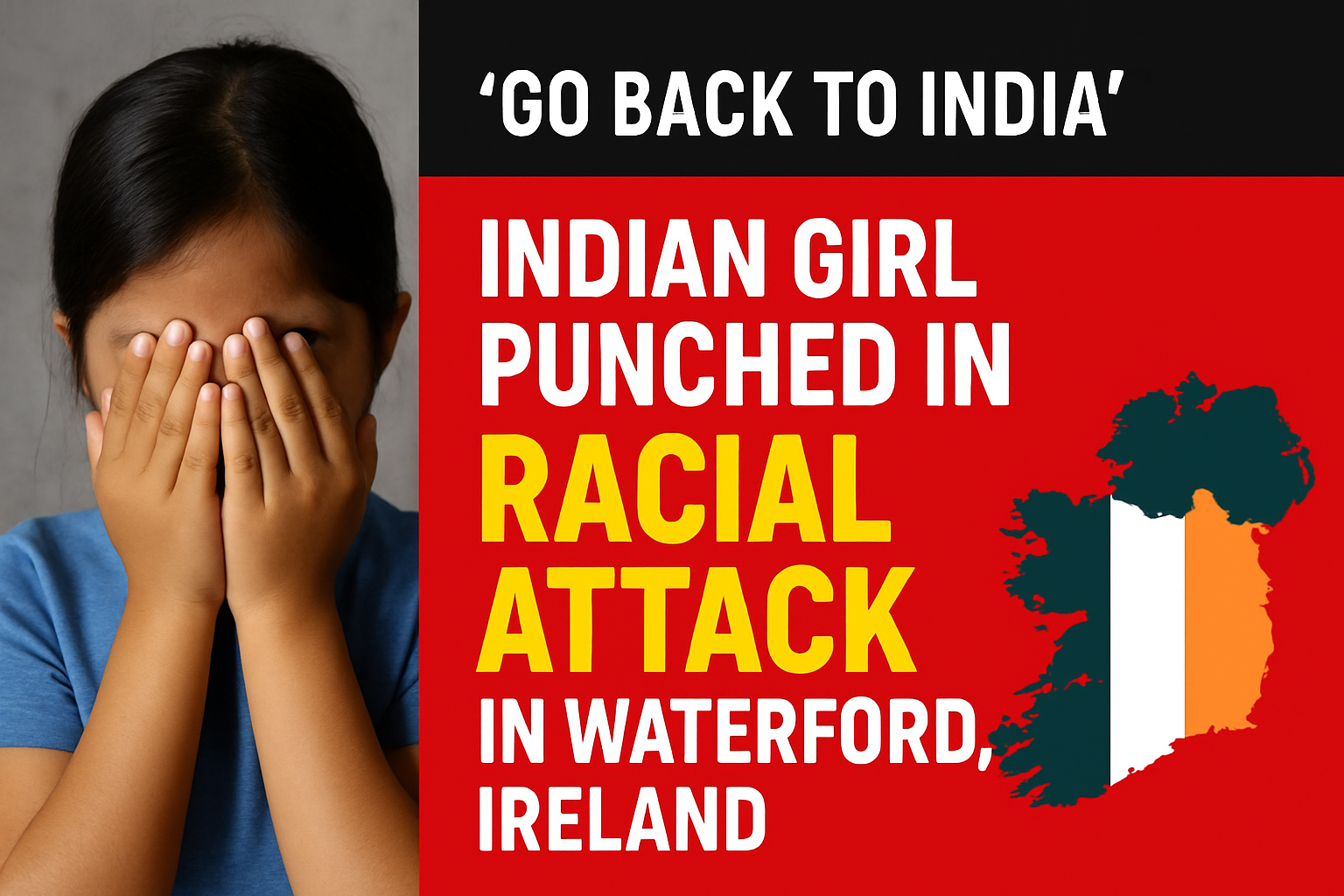 A distressed Indian mother holding her young daughter outside their home in Waterford, Ireland, after a reported racist attack.